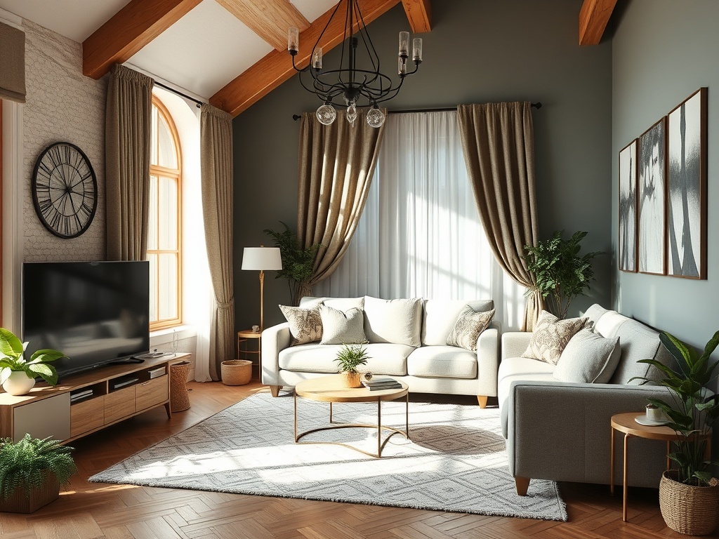 Современная гостиная с ярким светом, уютной мебелью и зелеными растениями. Деревянные балки и стильные детали.