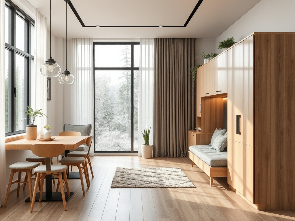 Светлая комната с большими окнами, деревянной мебелью и уютным уголком для отдыха.