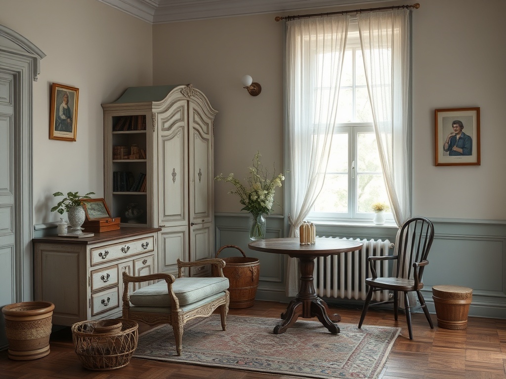 Светлая комната с мебелью в классическом стиле, книгами и цветами на столе. Большое окно с занавесками.
