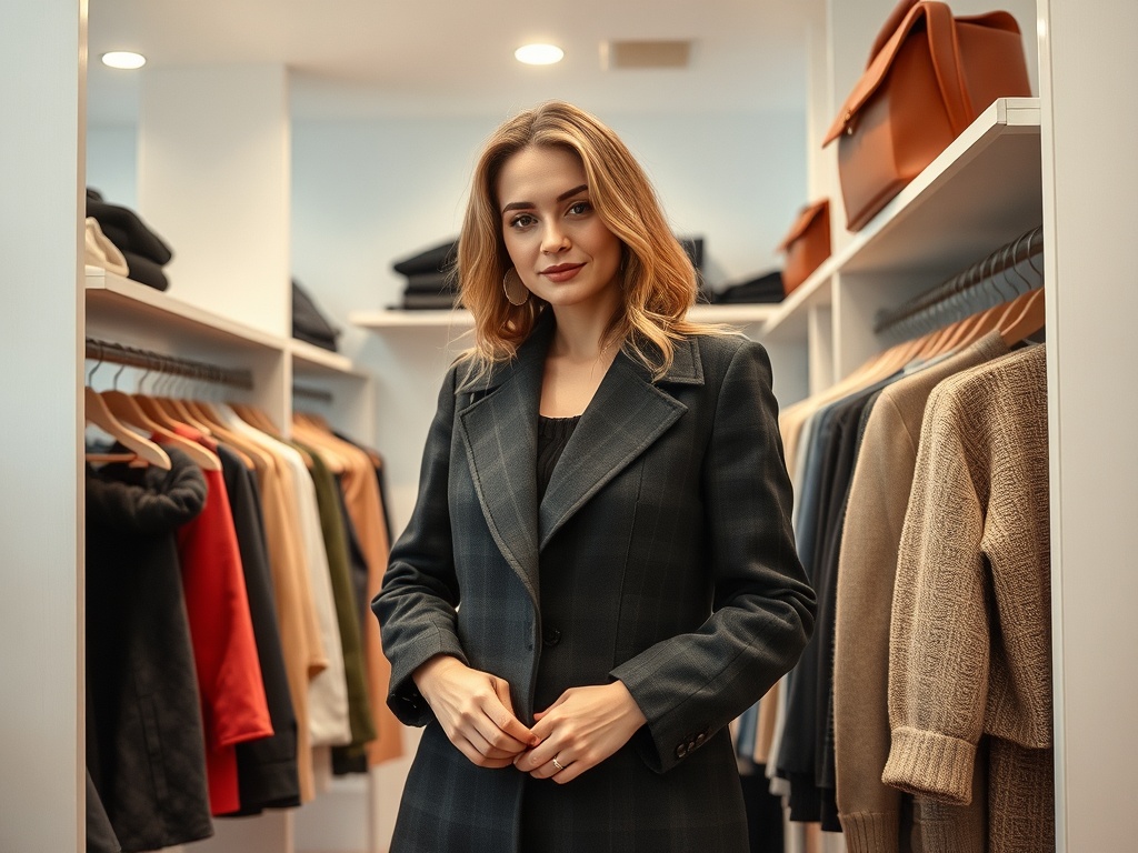 Молодая женщина в стильном пальто стоит в шкафу с одеждой, окруженная вешалками с вещами.