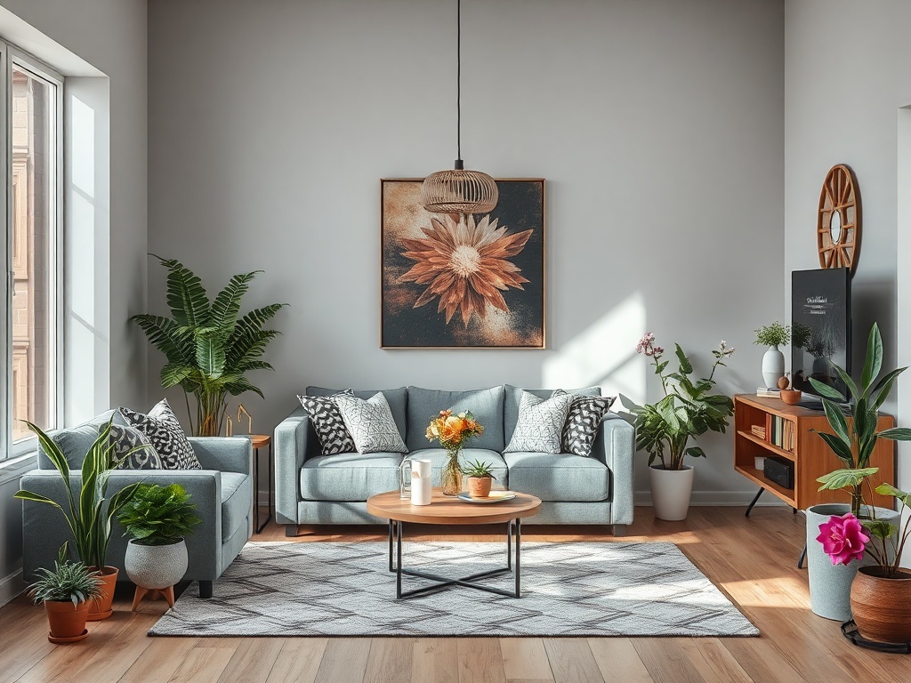 Современный светлый гостиный уголок с мягкой мебелью, растениями и декоративными элементами.