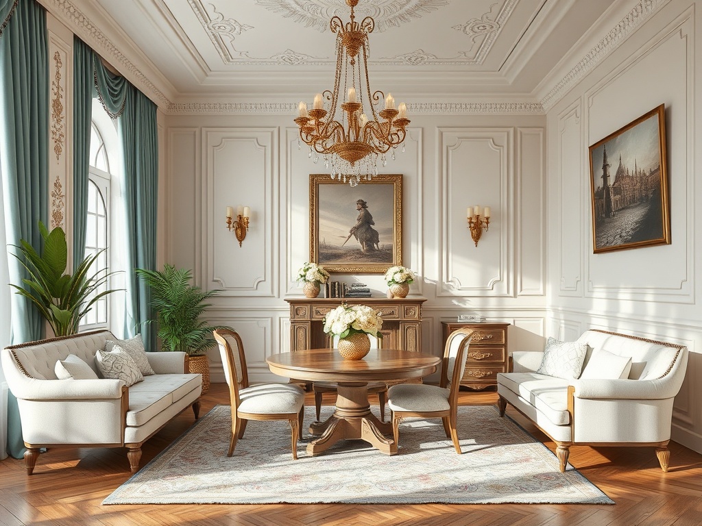 Элегантная гостиная с роскошной мебелью, хрустальной люстрой и живыми растениями. Теплая и уютная атмосфера.