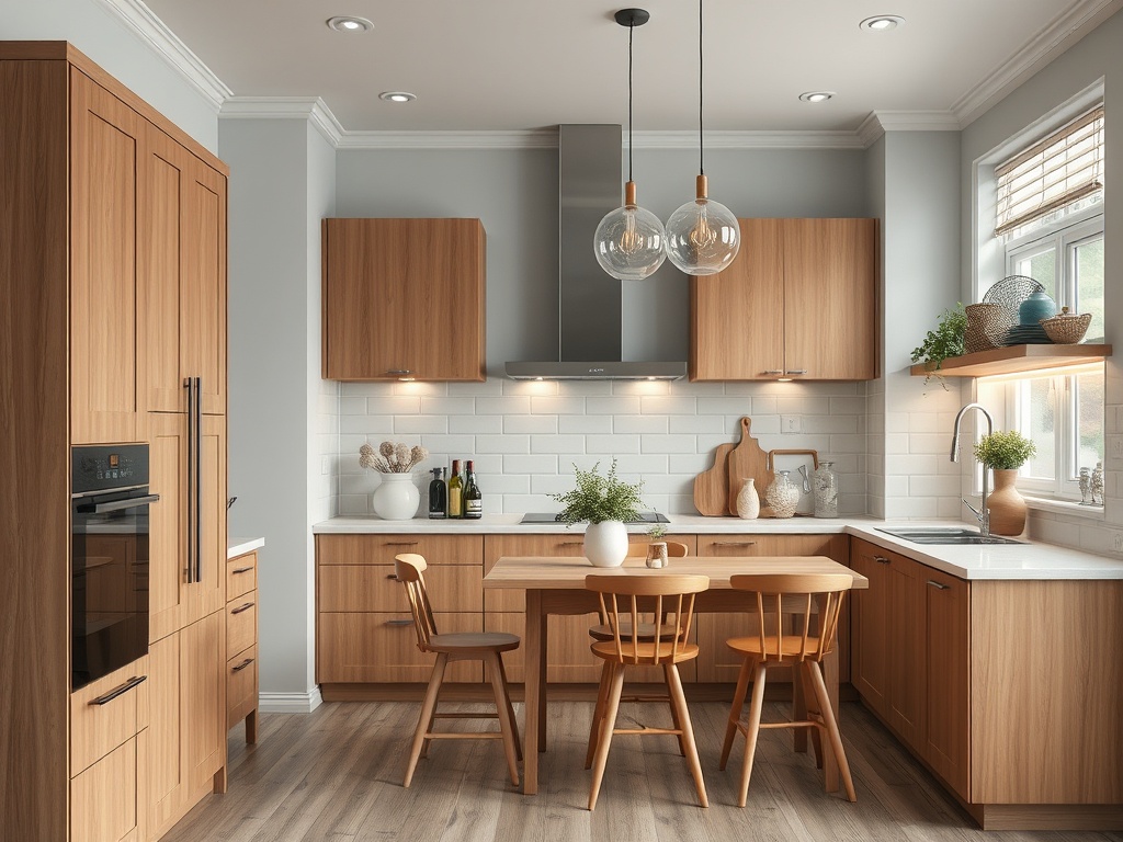 Современная кухня с деревянными фасадами, обеденным столом и большими окнами, наполненная светом и уютом.