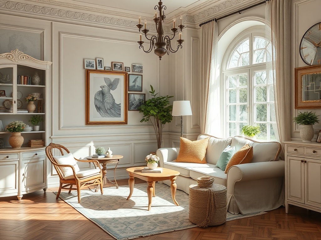 Светлая гостиная с уютной мебелью, большими окнами и элементами декора в спокойных тонах.