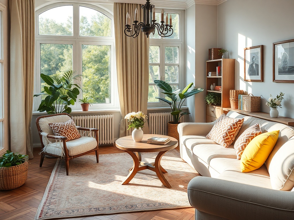 Светлая гостиная с большими окнами, уютной мебелью и зелеными растениями. Теплая атмосфера и комфорт.