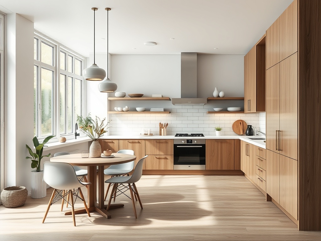 Современная кухня с деревянными шкафами, столом и стульями, большими окнами и растениями. Яркое, уютное пространство.